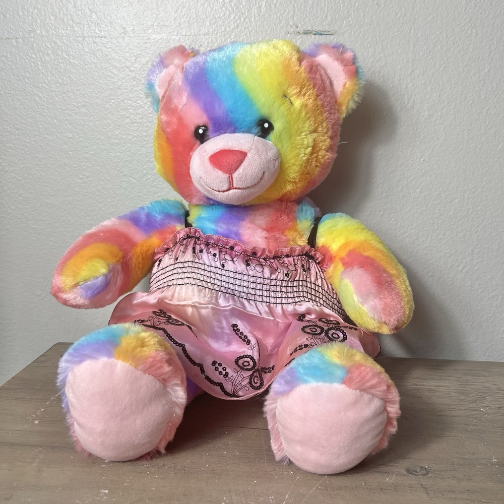 Build A Bear Rainbow Tie Dye Teddy Bear Plush w Pink‎ Outfit 16" BABW Excellent